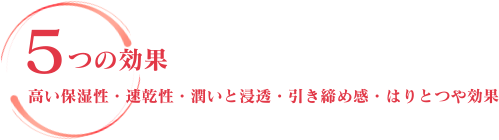 5つの効果 高い保湿性・速乾性・潤いと浸透・引き締め感・はりとつや効果
